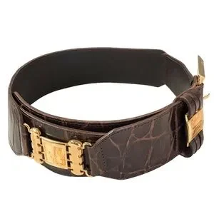 Línea Pelle Belt Italian Croc Embossed Brown Leather Gold Embellished Hardware M Men main image 4
